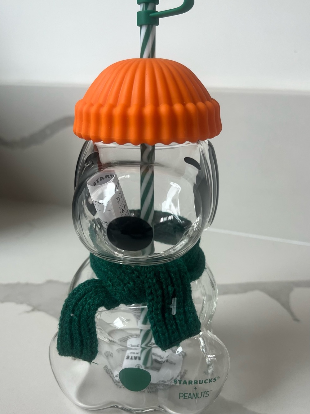 Starbucks Peanuts glass Cup with Orange Lid and Green Scarf